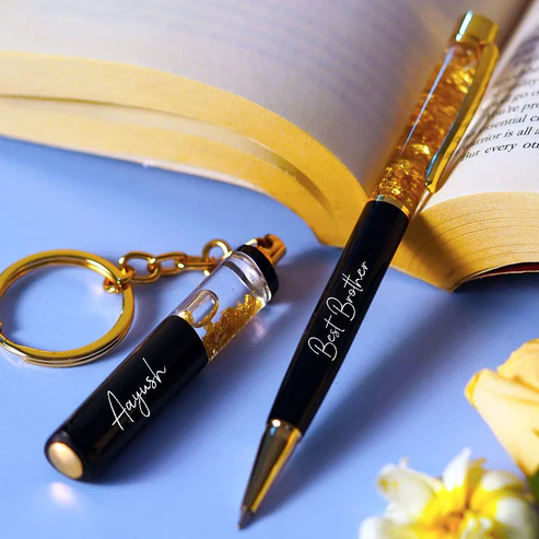personalised gold pen & gold keychain gift set – name engraved, premium box