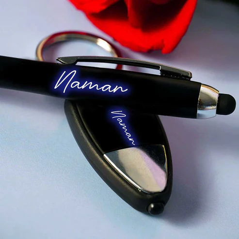 personalised led pen & led keychain gift set – name laser engraved, black metal