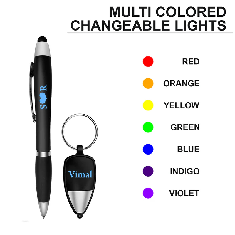 personalised led pen & led keychain gift set – name laser engraved, black metal