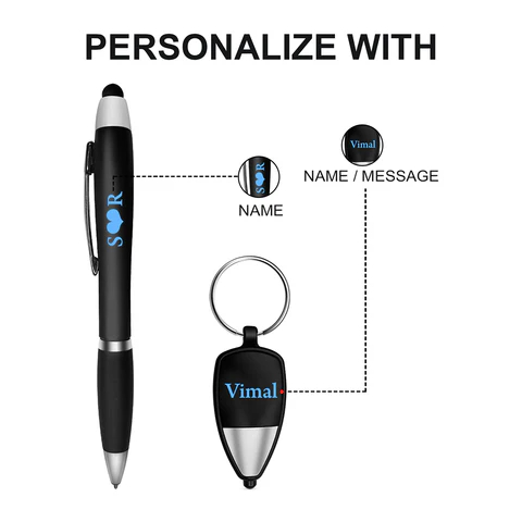 personalised led pen & led keychain gift set – name laser engraved, black metal