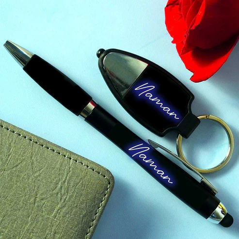 personalised led pen & led keychain gift set – name laser engraved, black metal