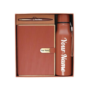 3-in-1 Personalised Brown Premium Corporate Gift Set – Diary, Pen & Insulated Bottle