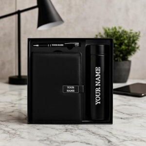3-in-1 Personalised Corporate Gift Set – Diary, Pen & Insulated Bottle (Black)
