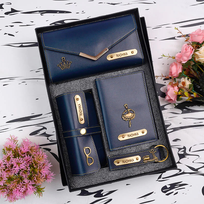 Women's Personalised 4-Piece Leather Gift Set – 3-Fold Clutch, Keychain, Passport Cover & Eyewear Case - Image 4