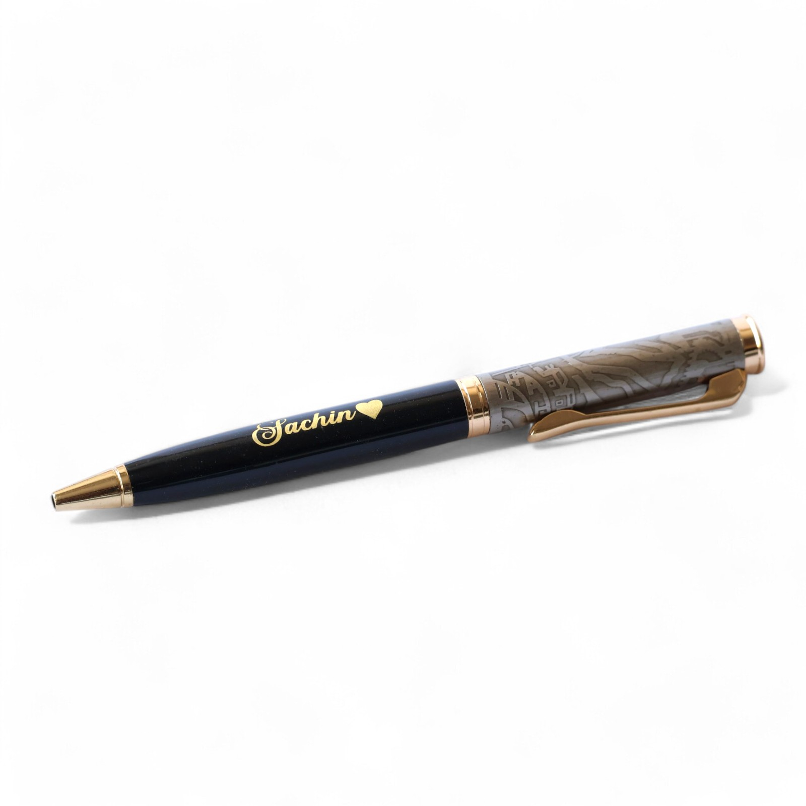 designer personalised metal roller ball pen – name engraved, black & gold
