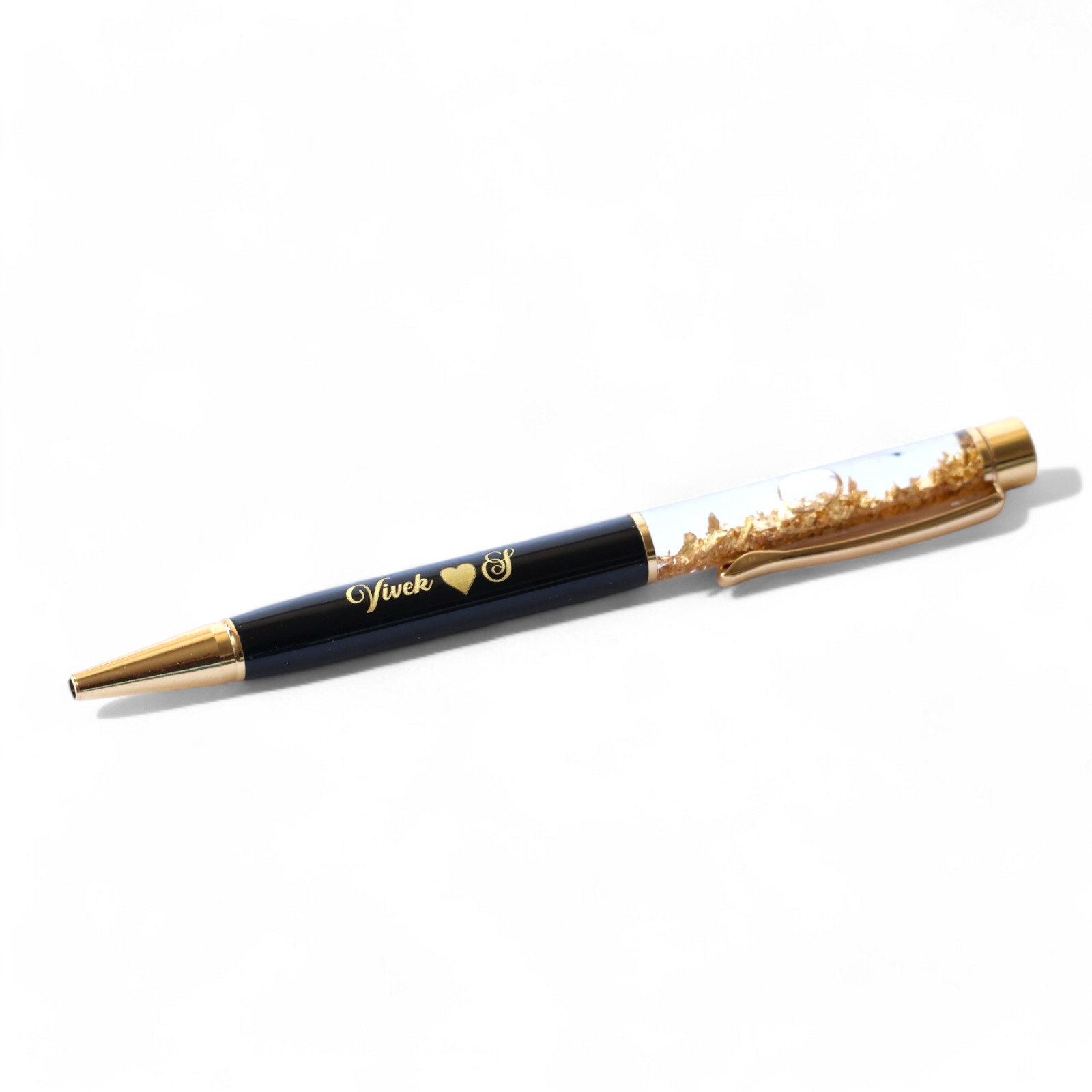 gold flake personalised metal roller ball pen – name engraved, black & gold