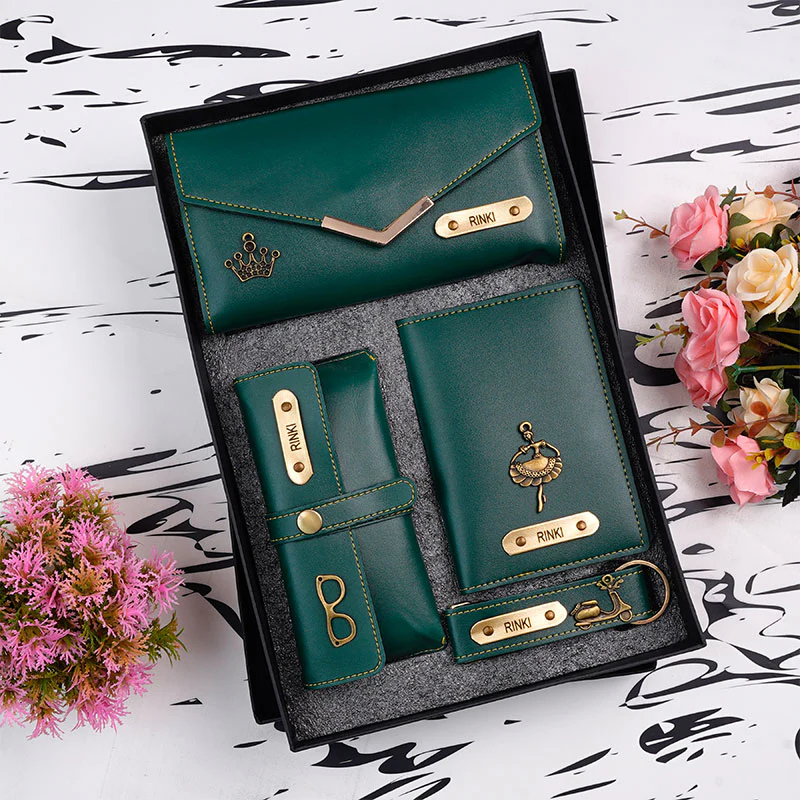 Women's Personalised 4-Piece Leather Gift Set – 3-Fold Clutch, Keychain, Passport Cover & Eyewear Case - Image 7