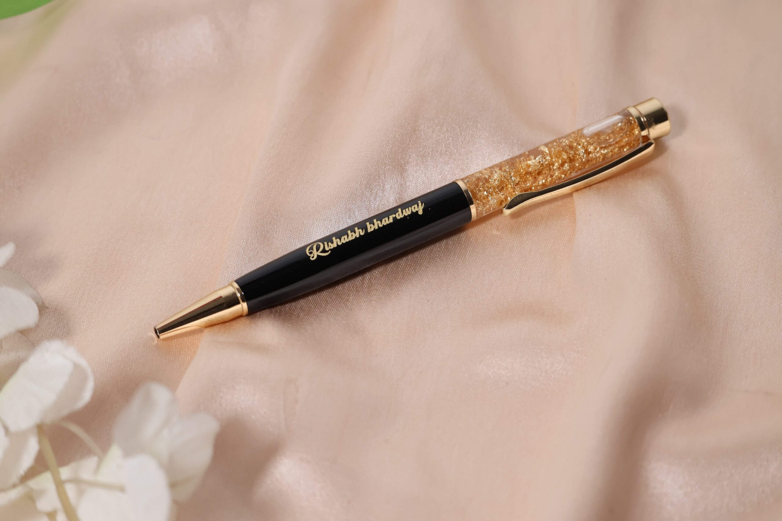 gold flake personalised metal roller ball pen – name engraved, black & gold