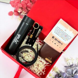 Personalised Men's Gift Hamper – Wallet, Pen, Keychain, Belt, Vacuum Bottle & Birthday Card, Branded Gift Box