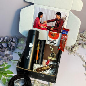 men's personalised rakhi hamper for bhai – wallet, pen, keychain, bottle, belt, bro rakhi & custom photo box