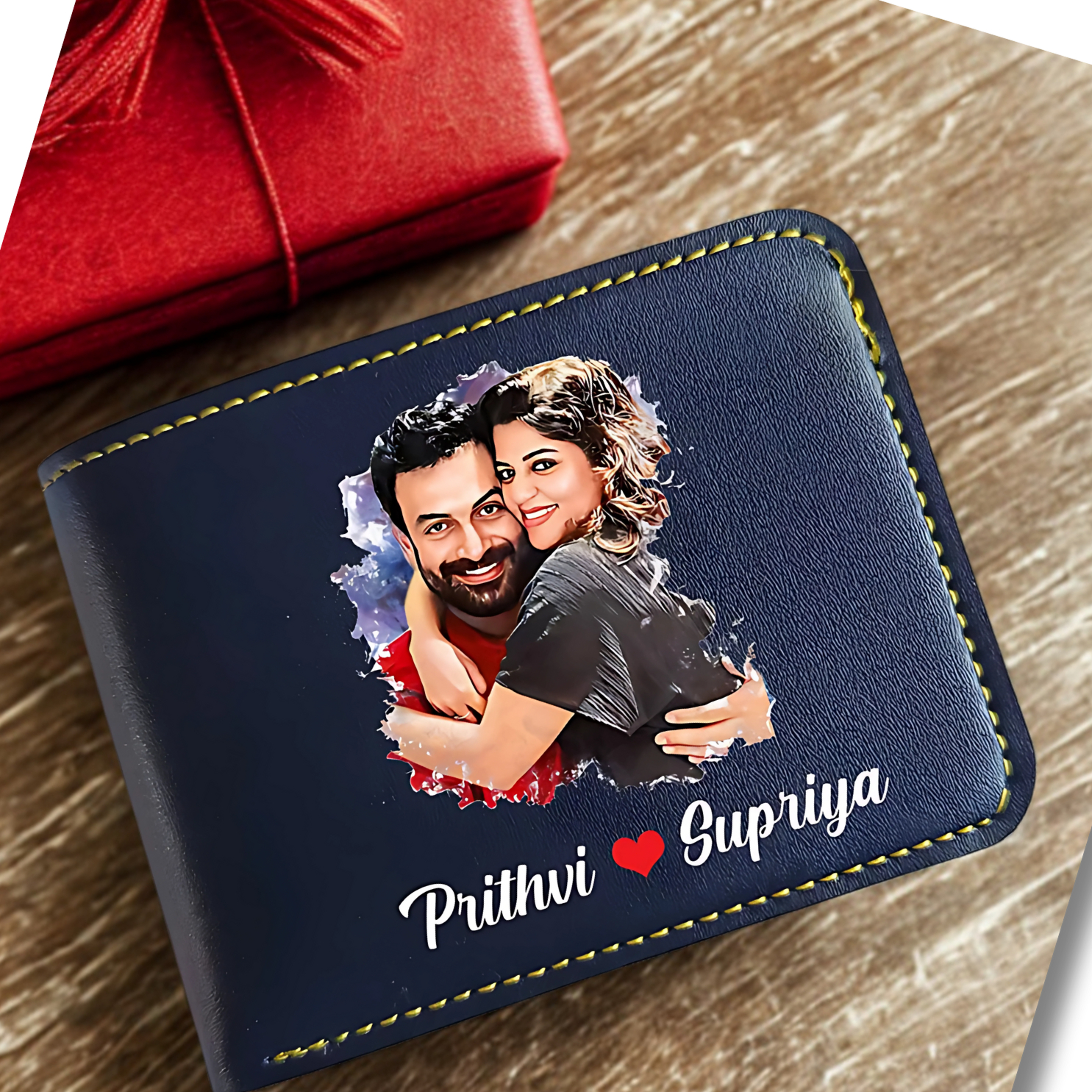 Men's Photo Print Vegan Leather Wallet – Custom Photo & Name Printed, Bifold, Navy Blue