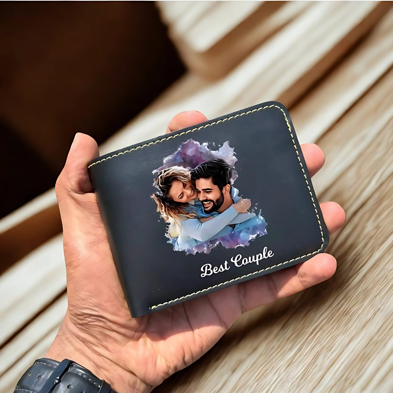 Men's Photo Print Vegan Leather Wallet – Custom Photo & Name Printed, Bifold, Navy Blue - Image 4