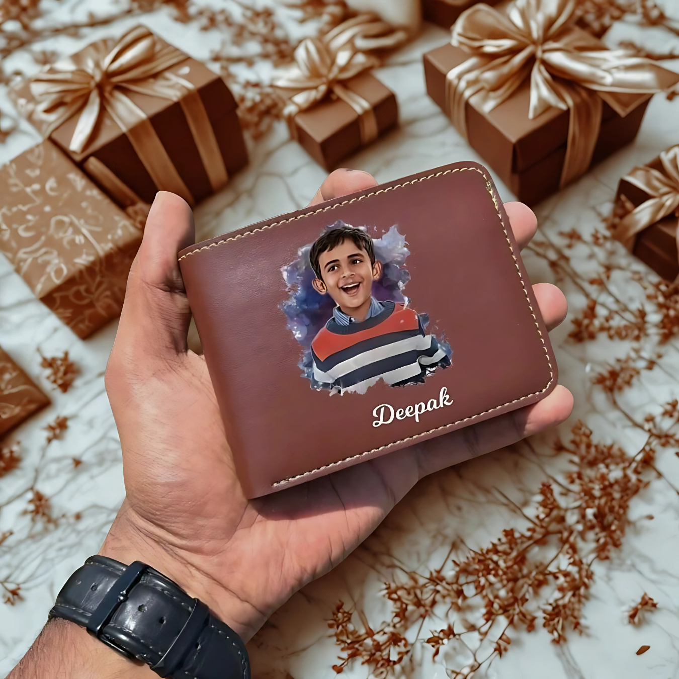 Men's Photo Print Vegan Leather Wallet – Custom Photo & Name Printed, Bifold, Navy Blue - Image 5