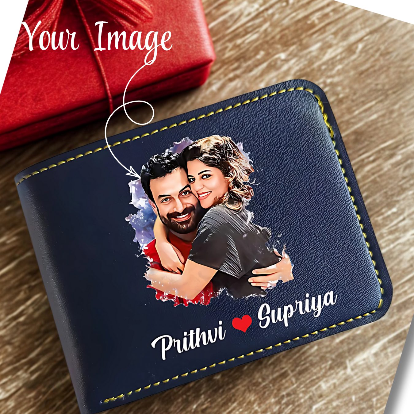 Men's Photo Print Vegan Leather Wallet – Custom Photo & Name Printed, Bifold, Navy Blue - Image 6