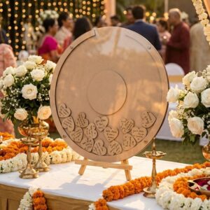 Personalized Wedding Guestbook Dropbox - Round Wooden Keepsake Drop Box with Heart Tokens, Stand, Markers & Couple Name Customization