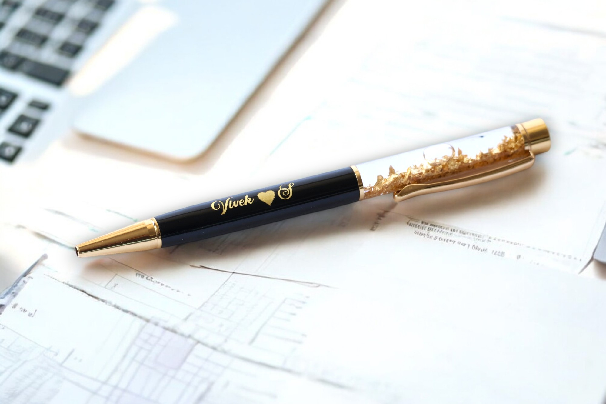 gold flake personalised metal roller ball pen – name engraved, black & gold