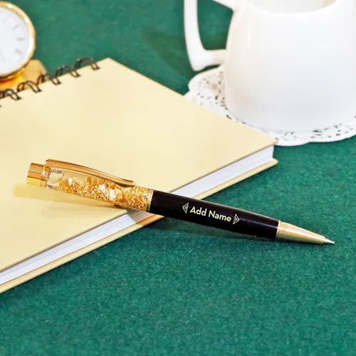 gold flake personalised metal roller ball pen – name engraved, black & gold