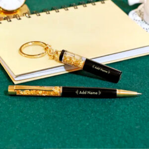 personalised gold pen & gold keychain gift set – name engraved, premium box