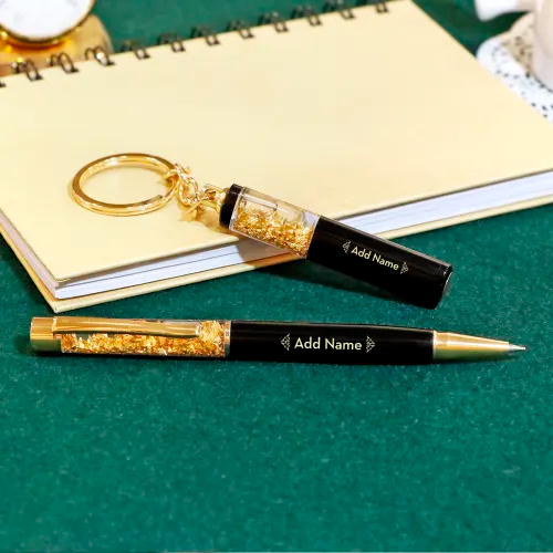 personalised gold pen & gold keychain gift set – name engraved, premium box