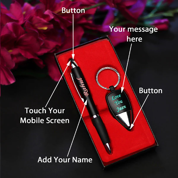 personalised led pen & led keychain gift set – name laser engraved, black metal