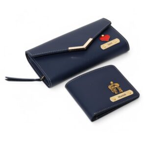 Personalized Leather Couple Gift Set - Women's Tri-Fold Clutch Wallet & Men's Bi-Fold Wallet with Custom Name Charm | Anniversary, Valentine's Day & Wedding Gift for Couples
