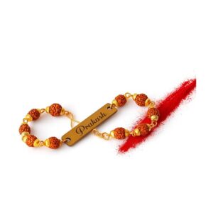 Personalized Rakhi Bracelet with Custom Name for Brothers — Rudraksha Beads, Brass Nameplate & Gold Chain | Raksha Bandhan Gift | Customized Rakhi for Bhaiya