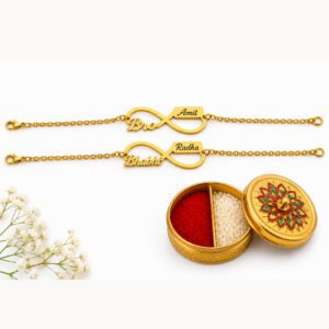 Personalised Brass Name Rakhi for Bhai-Bhabhi with Rudraksha & Evil Eye Charm