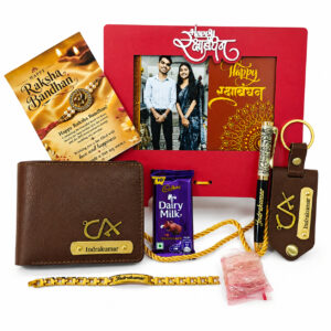 Personalised Raksha Bandhan Gift Hamper for Brother – Photo Box, Wallet, Pen, Photo Keychain, Bracelet Rakhi, Chocolate & Greeting Card